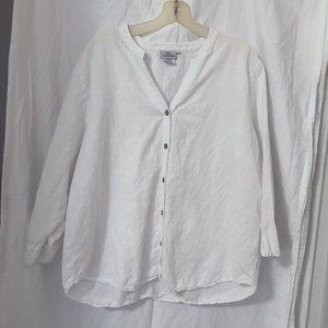 Hot Cotton Women's XL White Split-neck 3/4 sleeve Linen/Cotton Button Down Top